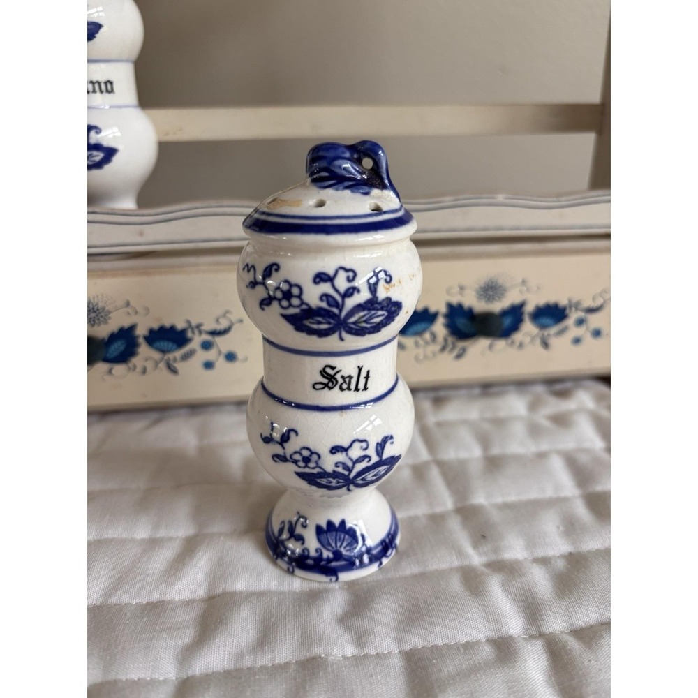 1950s Arnart Blue Onion Porcelain Spice Jars with Wooden Wall Rack & Drawers - Picture 11 of 16